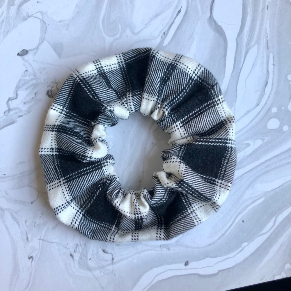 Handmade Black and White Plaid Flannel Scrunchy